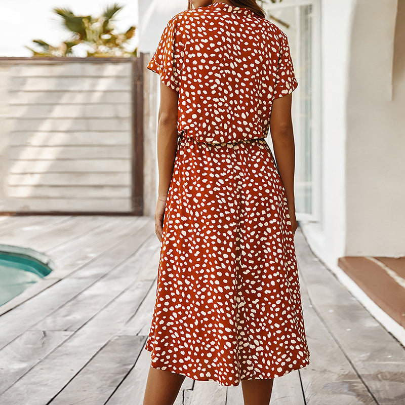 Leopard Print V-Neck Collared Button Down Drawstring Waist Midi Dress - View 8
