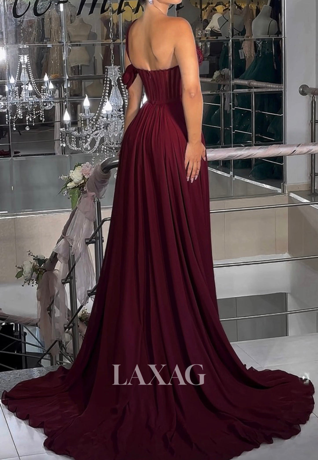 One-Strap Off-Shoulder Sleeveless Party Gowns Beaded Sweetheart Pleated A-Line Prom Dress with Slit