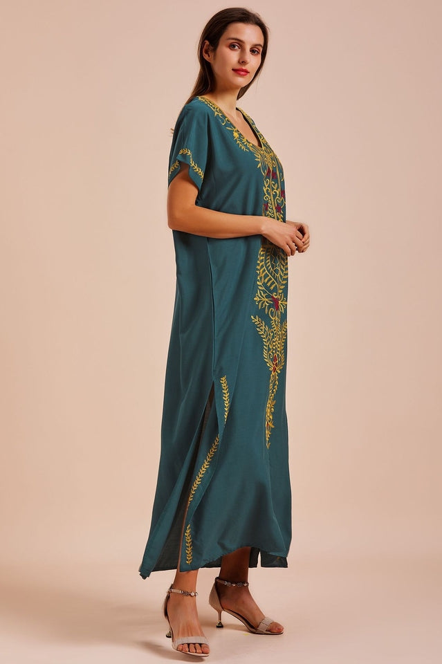 Embroidered V-Neck Short-Sleeve Kaftan Maxi Dress 17