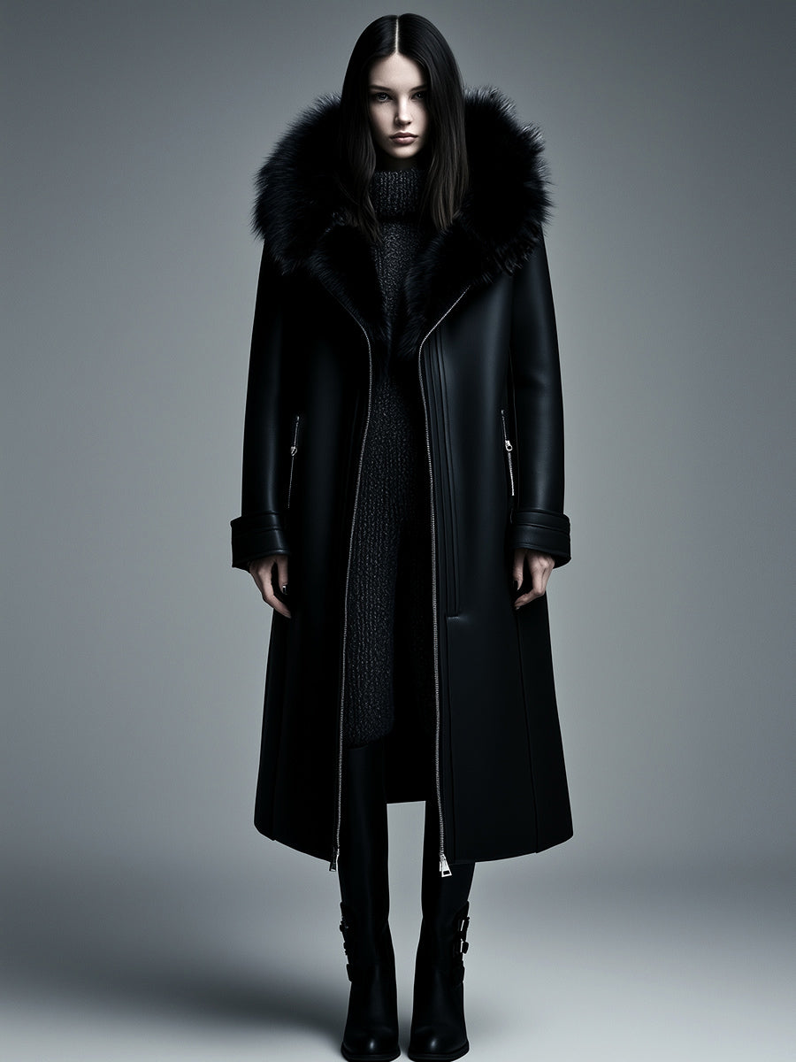 Women Fur Trim Warm Lined Hooded Faux Leather Trench Coat - Fashionpara