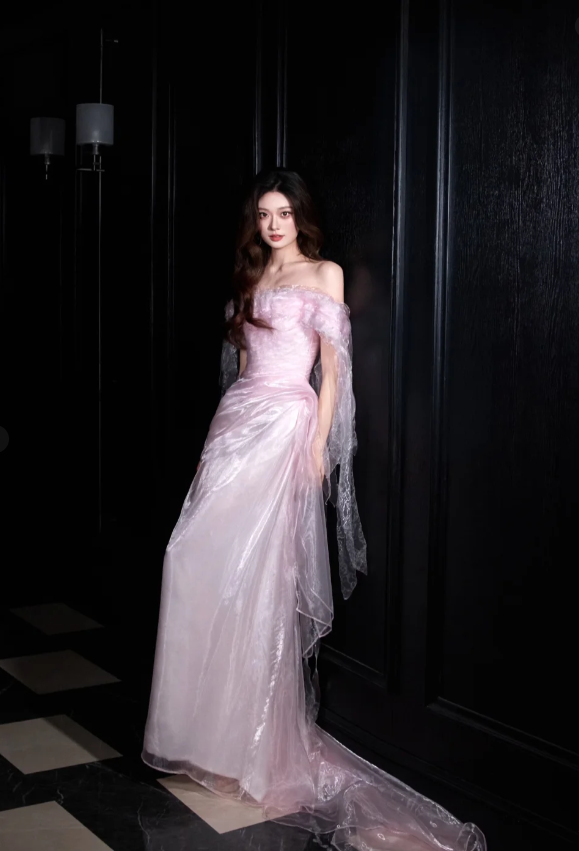 Sweet Light Pink Mermaid Off-shoulder Organza Prom Dress Evening Dress P4101