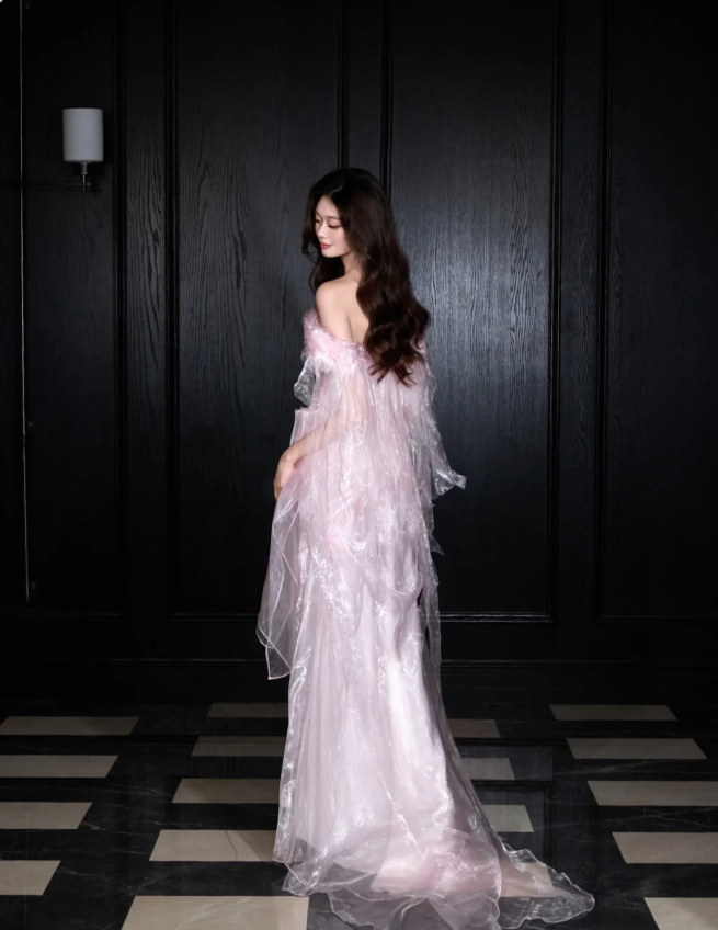 Sweet Light Pink Mermaid Off-shoulder Organza Prom Dress Evening Dress P4101