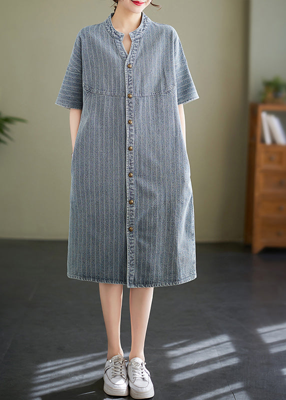 Striped Denim Mandarin Collar Button Down Short Sleeve Shirt Dress