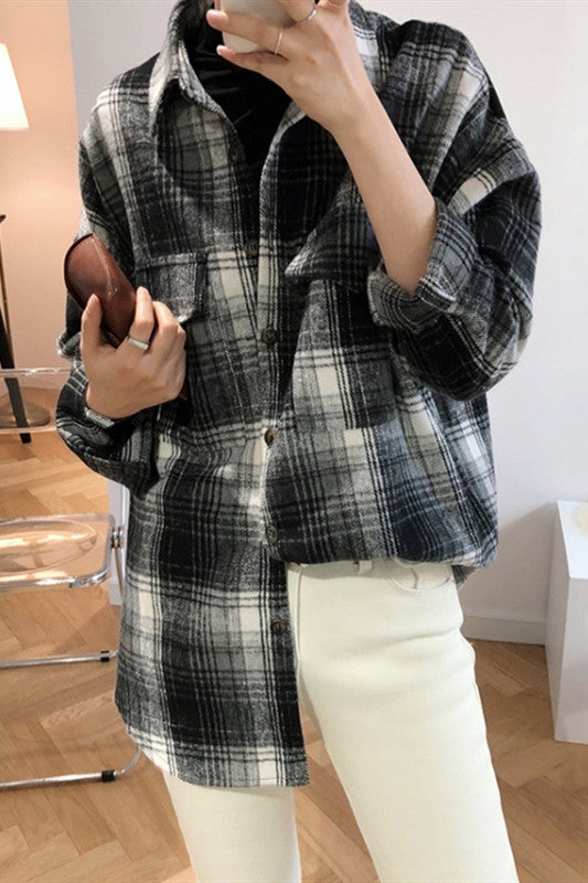 Brushed Plaid Pocket Coat for Effortless Style and Comfort