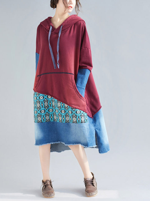 Patchwork Hooded Long Sleeve Kangaroo-Pocket Midi Dress 6