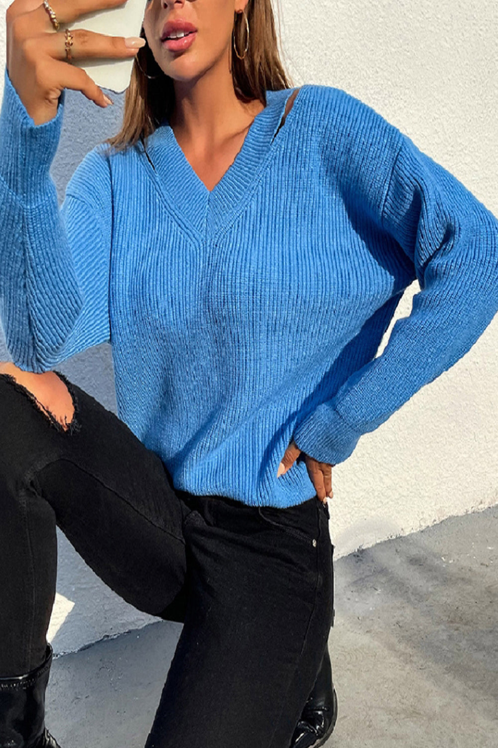 RadyRin V-Neck Solid Color Sweater for Effortless Style
