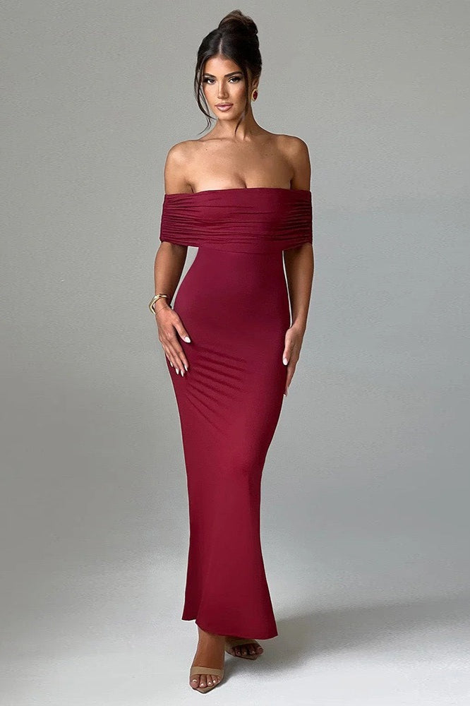 Off Shoulder Foldover Bardot Fishtail Maxi Dress 16
