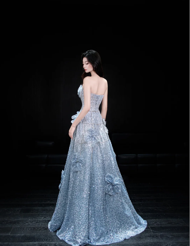 Elegant Blue A-line Strapless 3D Floral Sequined Tulle Long Prom Dress Evening Dress P4102