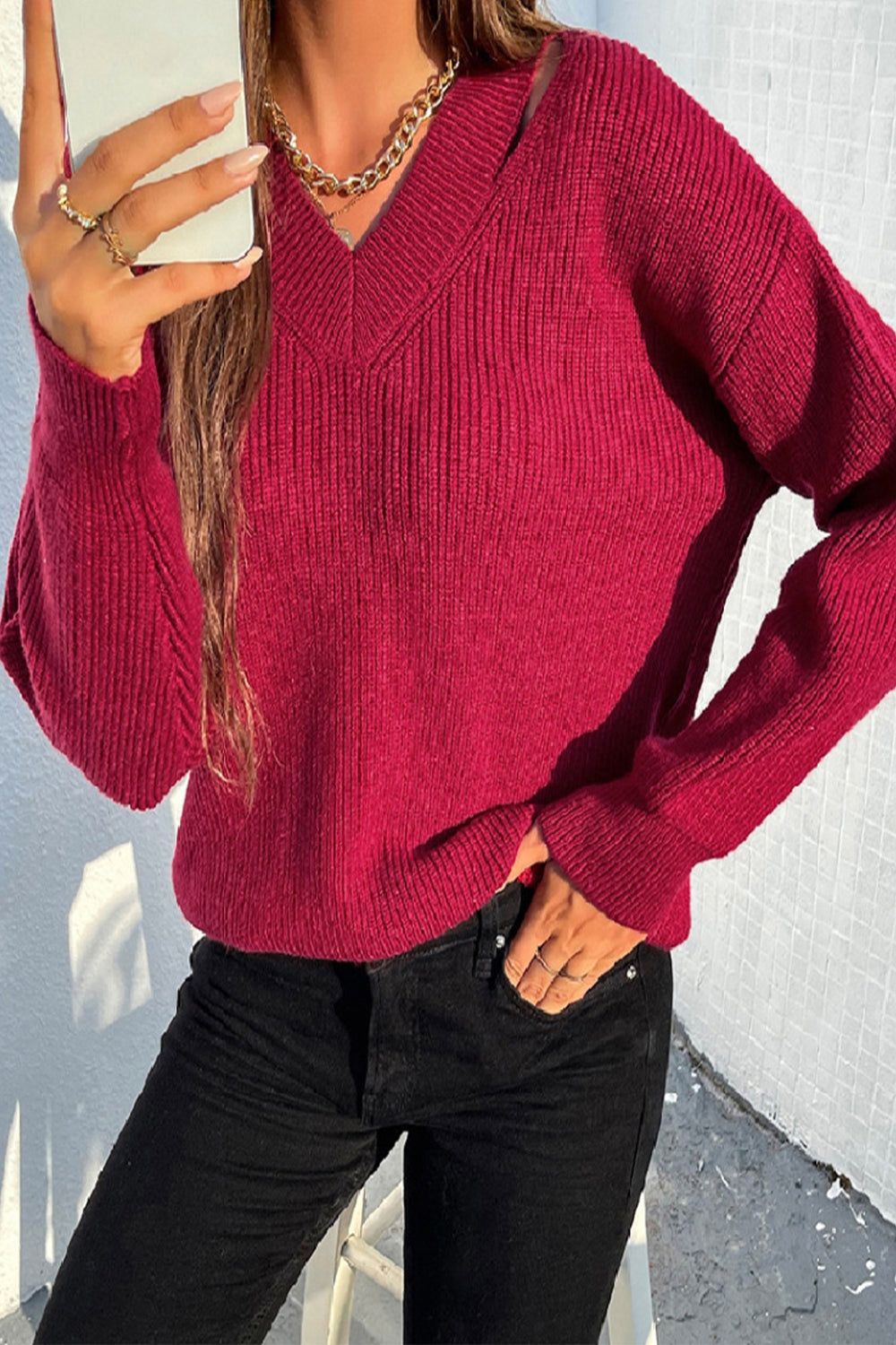 RadyRin V-Neck Solid Color Sweater for Effortless Style