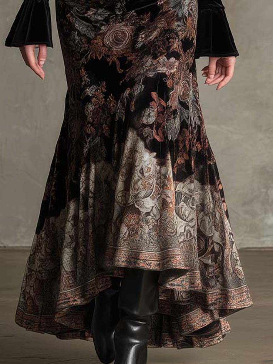 Baroque Floral Velvet Maxi Dress With Corset Waist