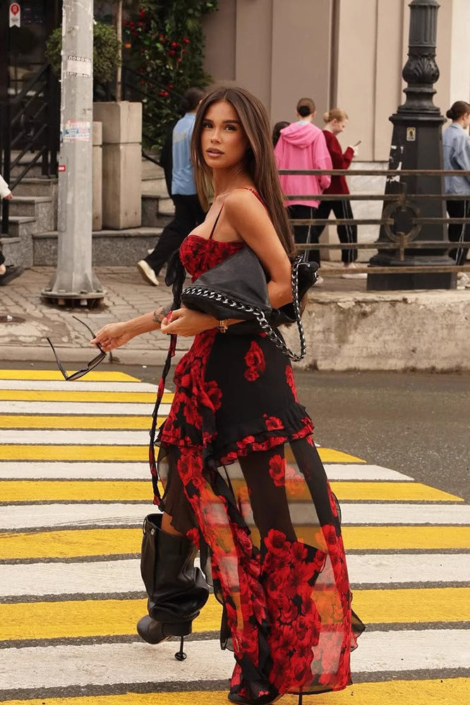 Rose Print Strapless Party Dress - Fashionpara