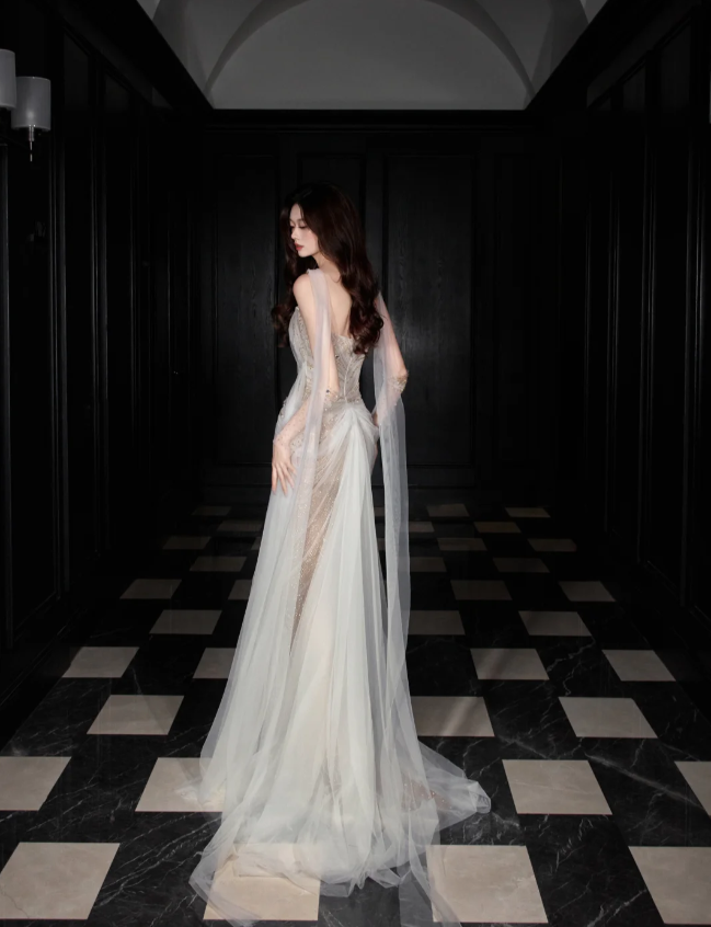 Dreamy Mermaid Strapless High-Slit Rhinestone Tulle Long Prom Dress Evening Dress P4103