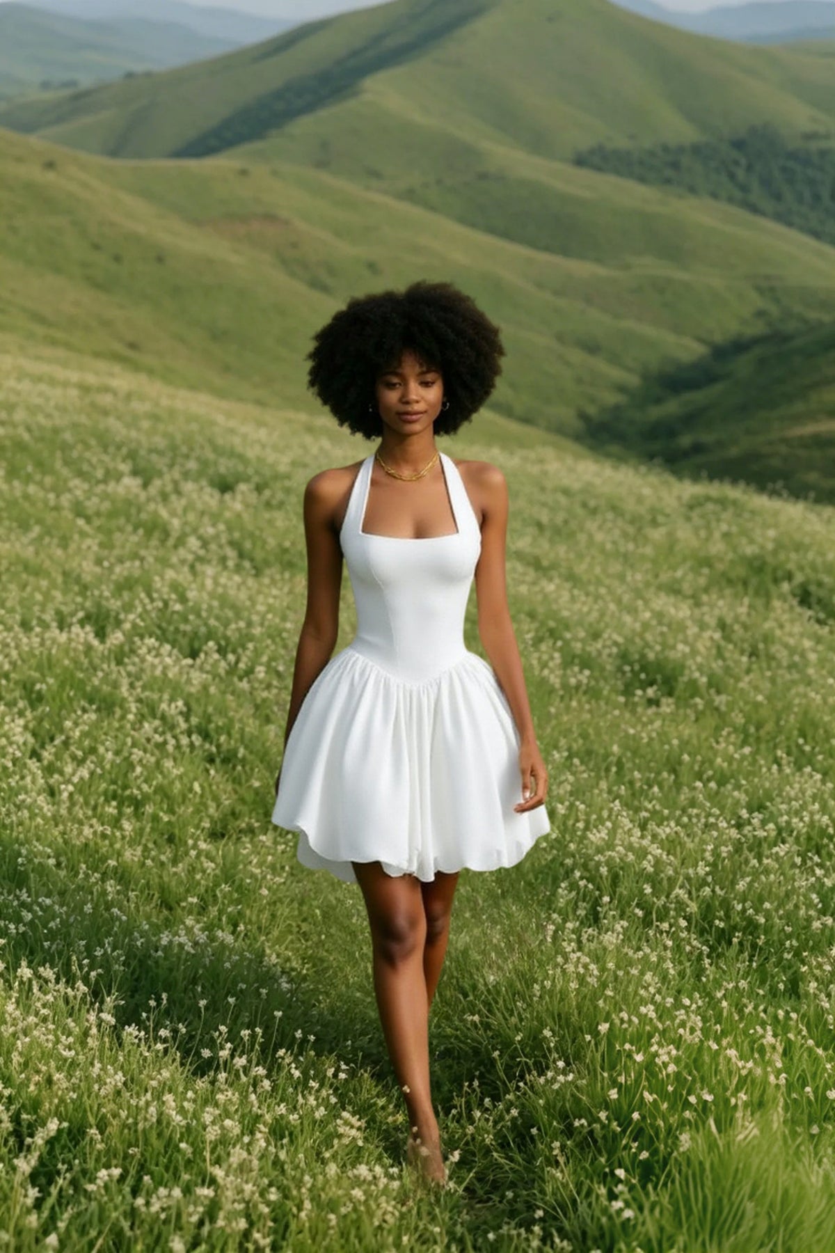 Halter Square-Neck Drop-Waist Bubble-Hem Mini Dress
