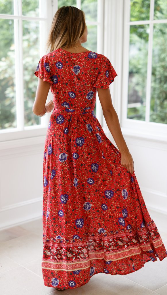 Floral Print V-Neck Flutter Sleeve High Slit Wrap Maxi Dress