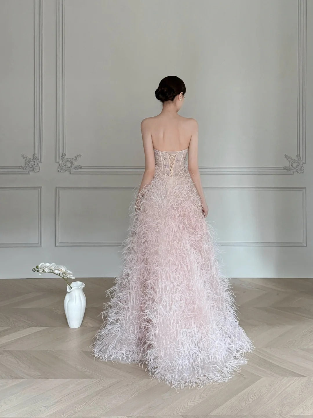 Elegant Light Pink A-line Strapless Feather Long Prom Dress Evening Dress P4104