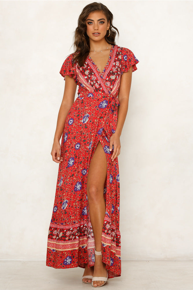Floral Print V-Neck Flutter Sleeve Wrap Maxi Dress