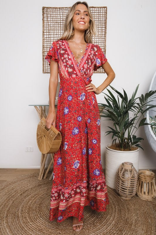 Floral Print V-Neck Flutter Sleeve Wrap Maxi Dress