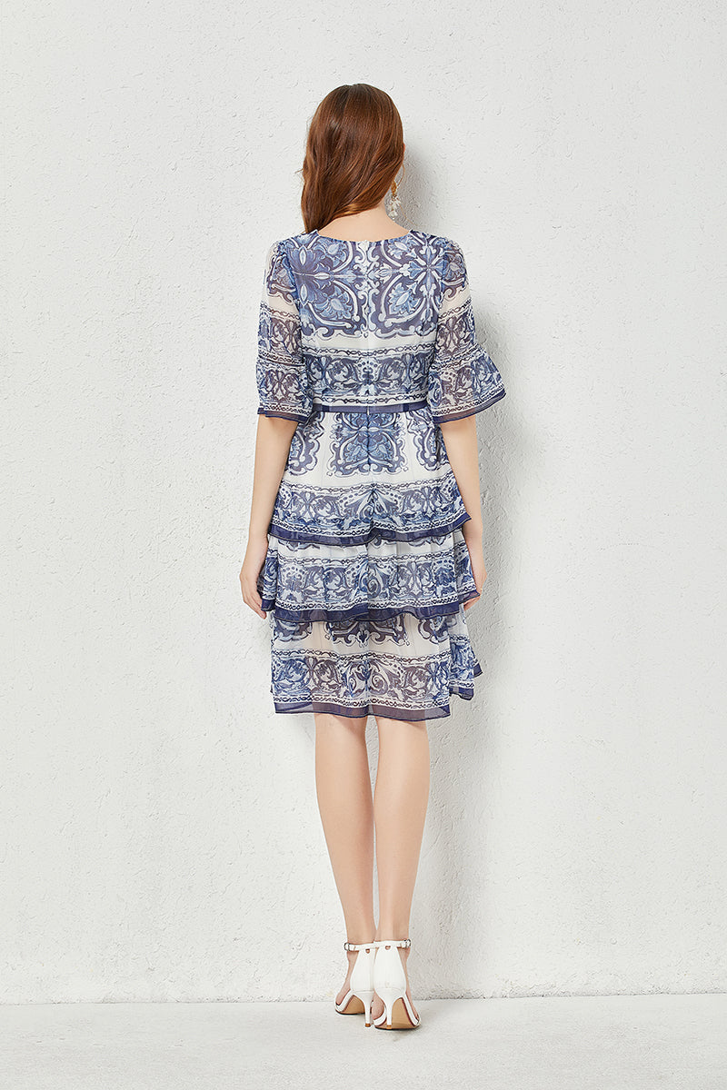 Baroque Print Chiffon Tiered Flutter Sleeve Midi Dress - View 2
