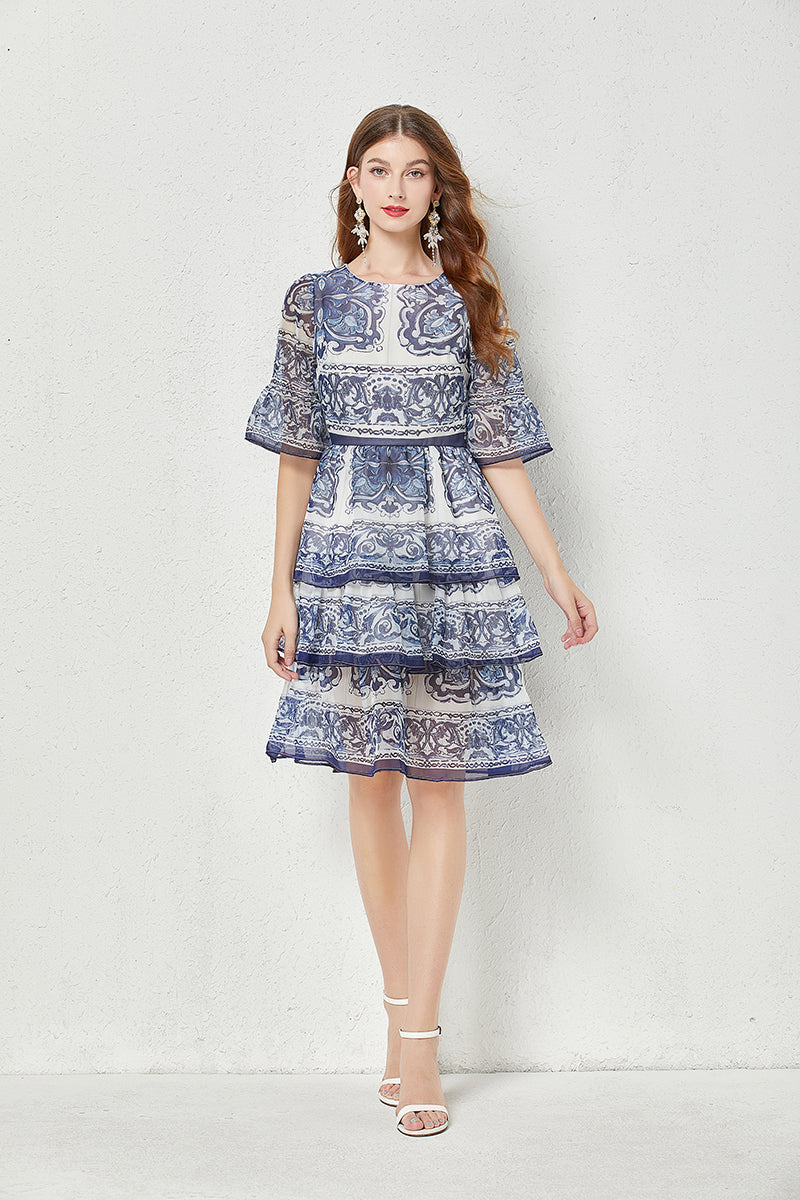 Baroque Print Chiffon Tiered Flutter Sleeve Midi Dress - View 4