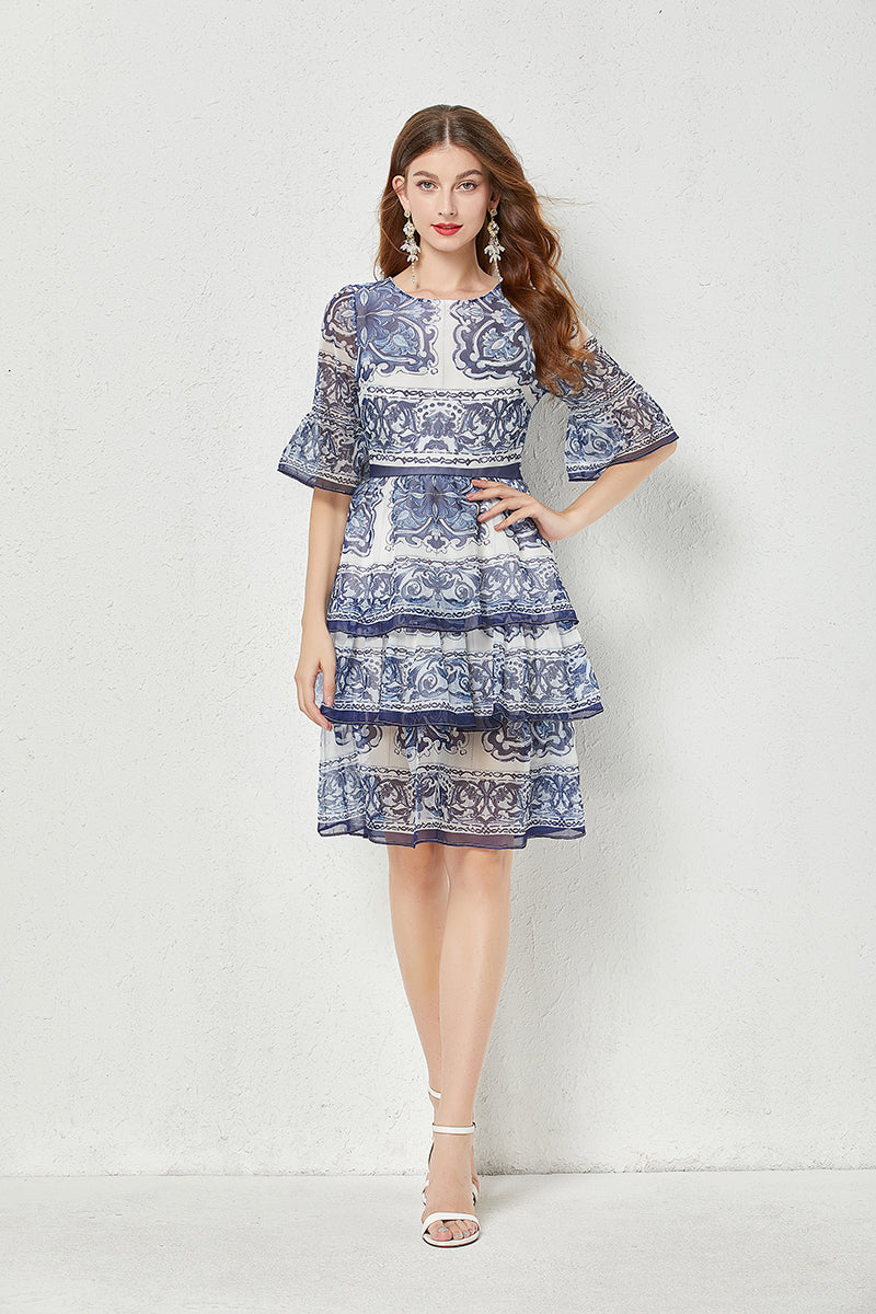 Baroque Print Chiffon Tiered Flutter Sleeve Midi Dress - View 5