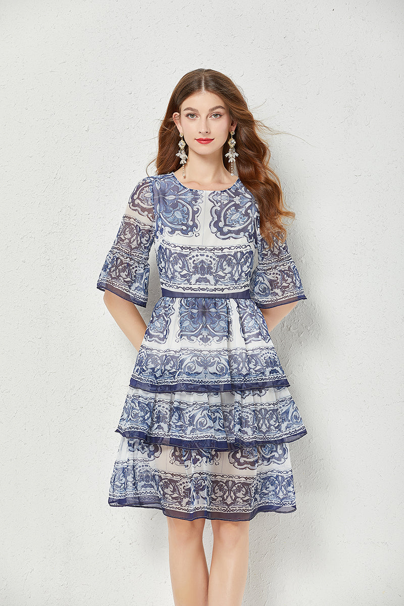 Baroque Print Chiffon Tiered Flutter Sleeve Midi Dress - View 6
