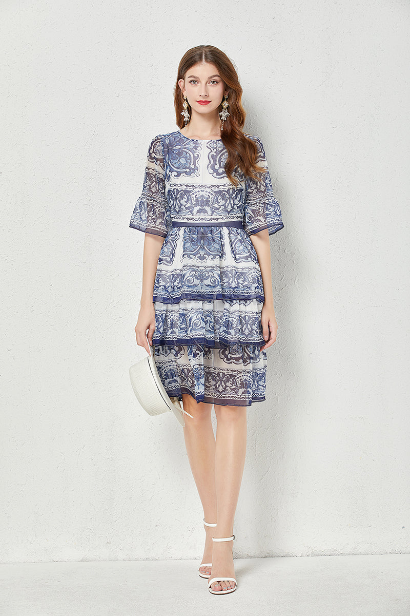 Baroque Print Chiffon Tiered Flutter Sleeve Midi Dress - View 7