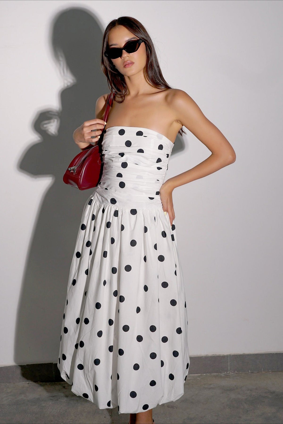 Polka Dot Strapless Ruched Midi Dress