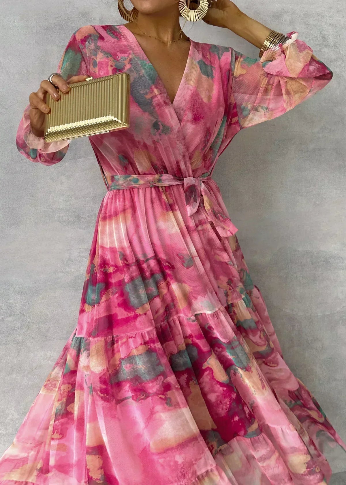 V-Neck Tie Belt Balloon Sleeve Tiered Ruffle Maxi Dress - View 2
