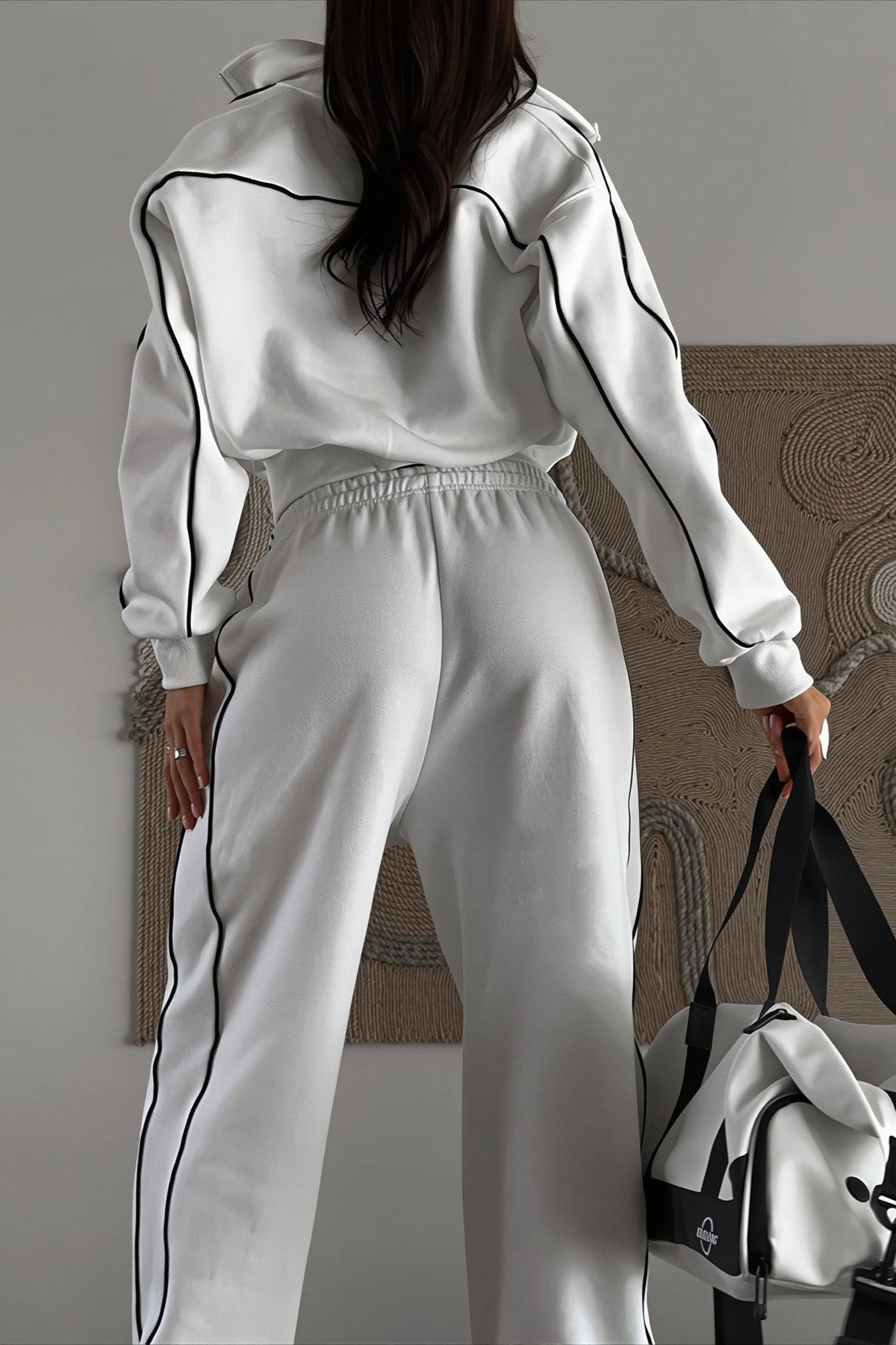 Contrast Piping Zip Front Jogger Hoodie Two Piece Set