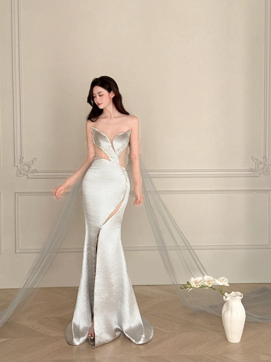 Elegant Silver-Grey Mermaid Strapless Satin Long Prom Dress Evening Dress P4107