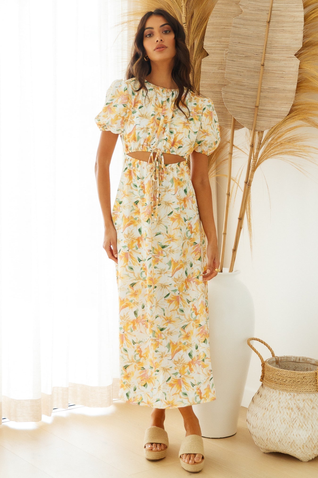 Waist Revealing Long Dress Printed Short Sleeve Puff Sleeve Dress - Fashionpara
