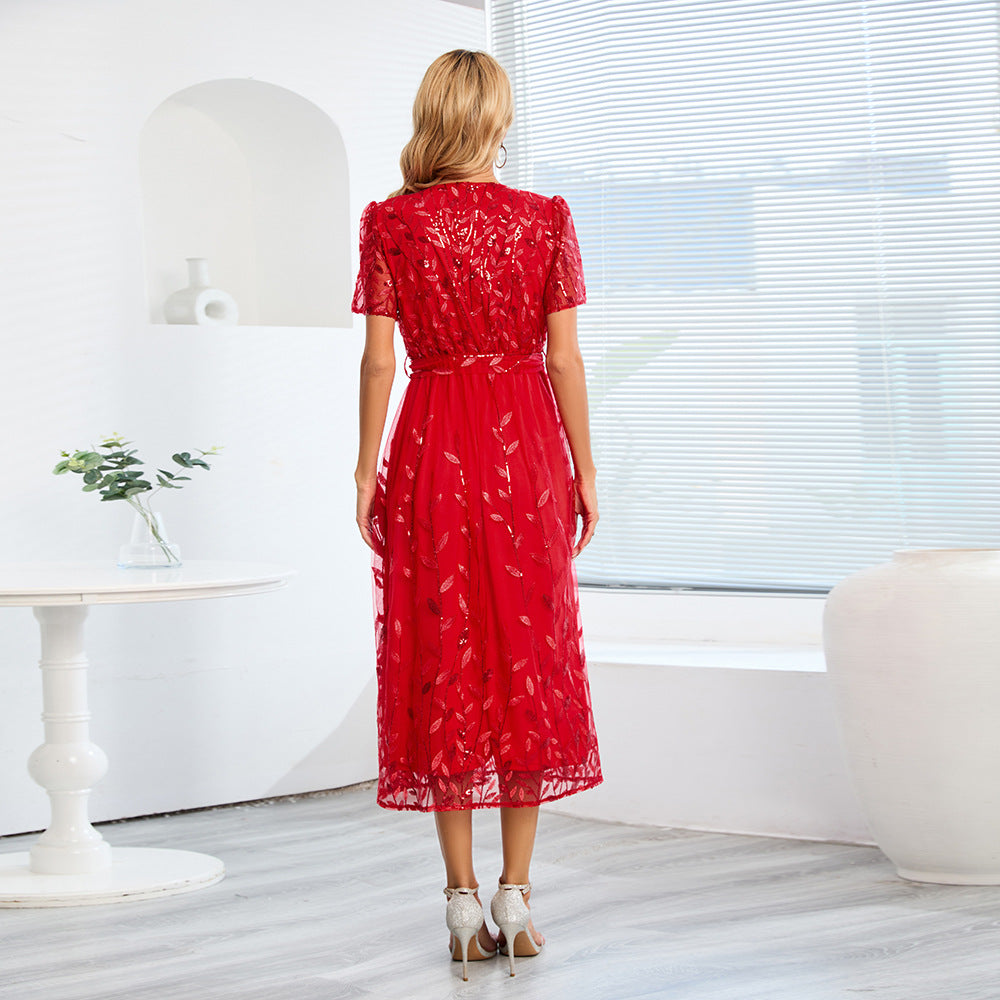 Mesh Embroidered Leaf Sequin V-Neck Wrap Tie Waist A-Line Midi Dress - View 8