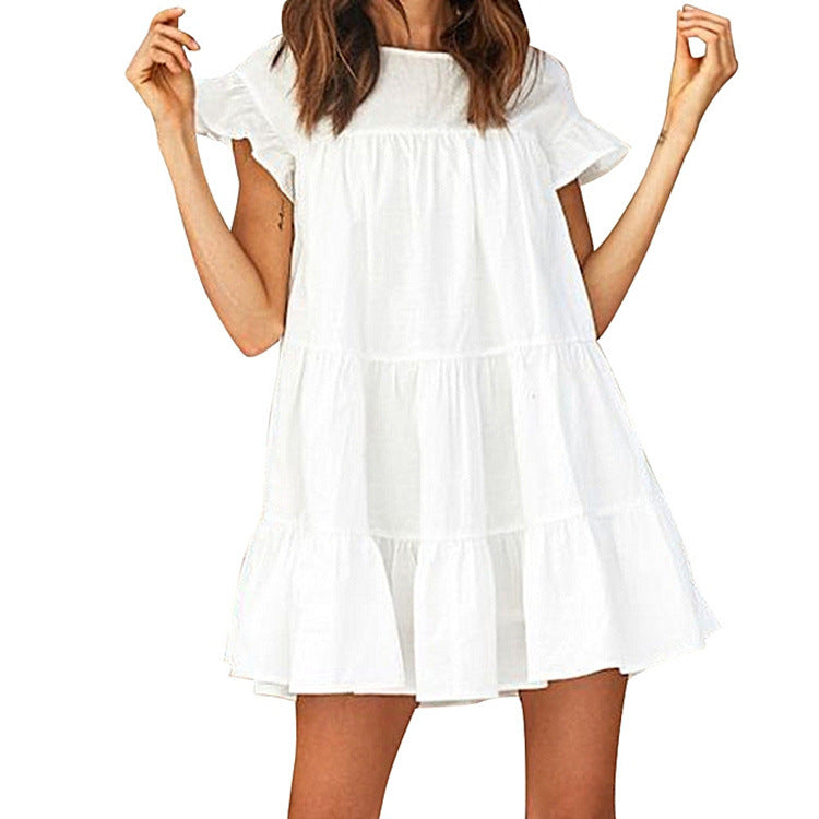 Round Neck Flutter Sleeve Tiered Babydoll Mini Dress
