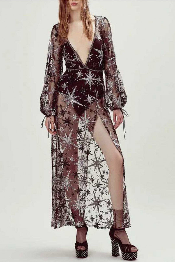 Plunge Neck Slit Embroidered Sheer Dress - Mislish