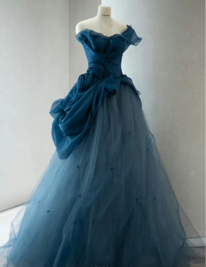 Retro Elegant Navy Blue One-shoulder Tulle Long Ball Gown Evening Dress P4108