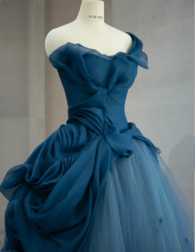 Retro Elegant Navy Blue One-shoulder Tulle Long Ball Gown Evening Dress P4108