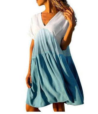 V-Neck Short Sleeve Tiered Swing Mini Dress