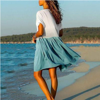 V-Neck Short Sleeve Tiered Swing Mini Dress