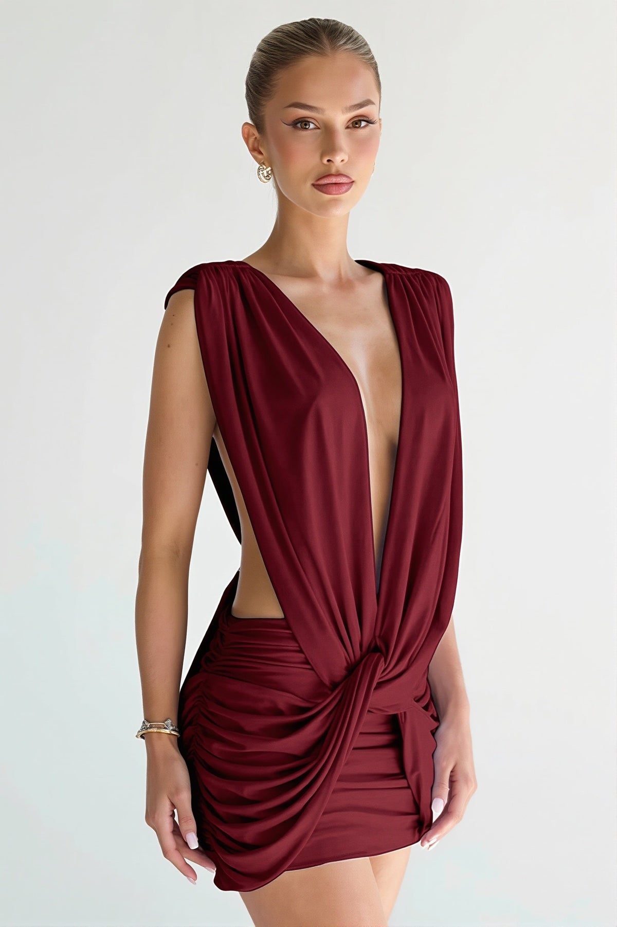 Plunge Draped Twist Front Bodycon Mini Dress