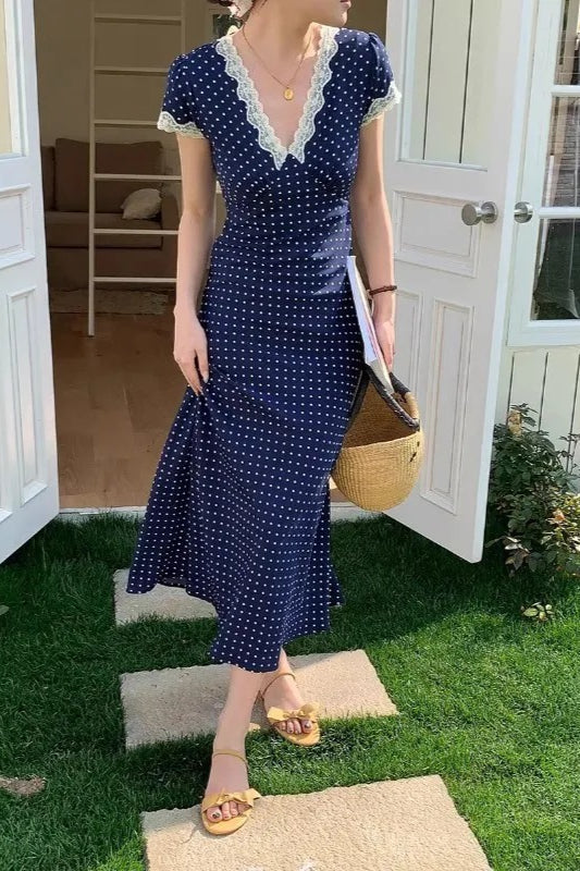 Polka Dot Lace Maxi Dress - Fashionpara