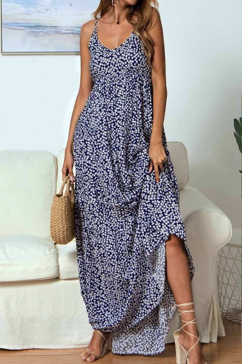 Florcoo V Neck Dots Design Printed Floor Dress