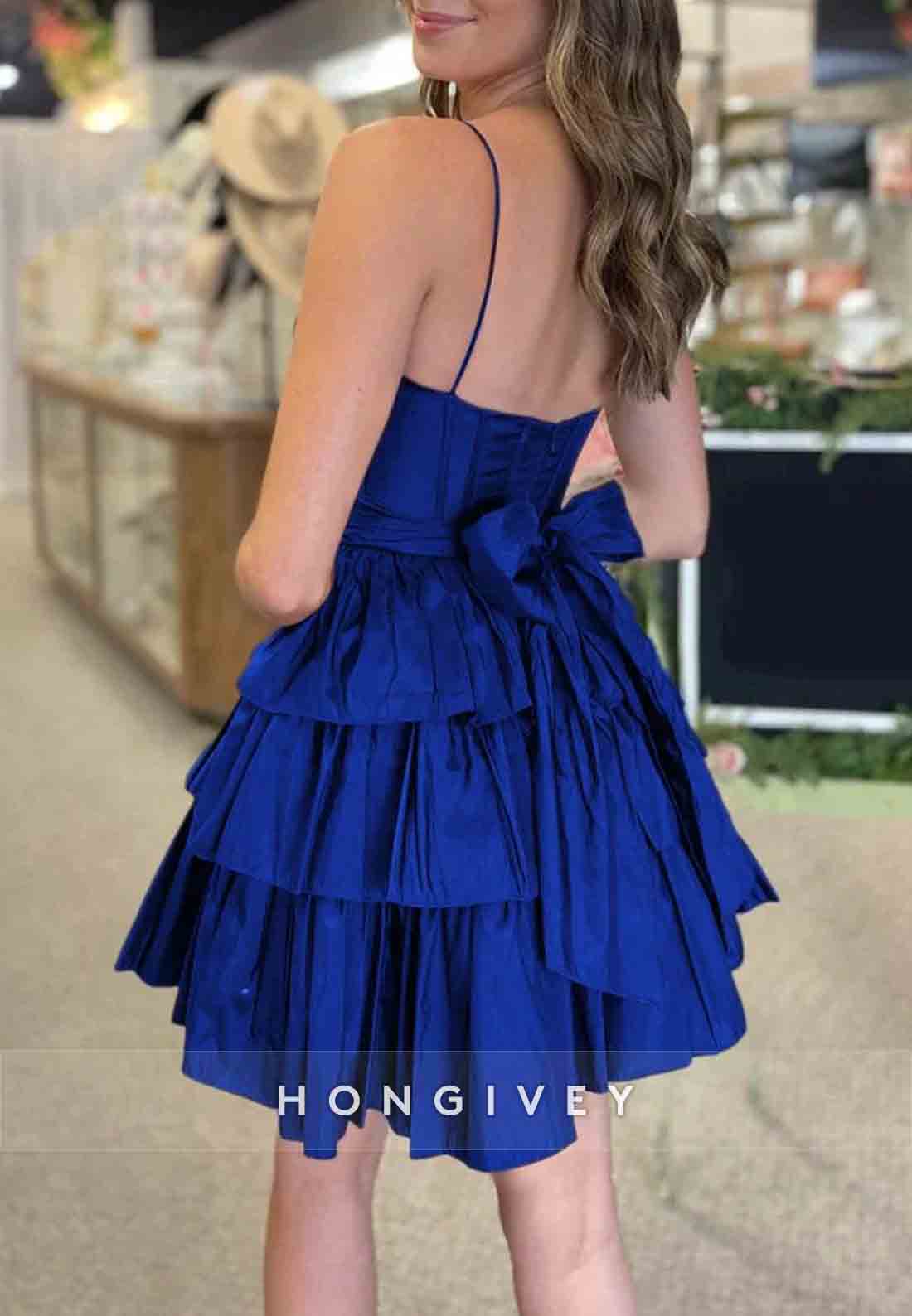 Sleeveless A-Line Bowknot Low Back Ruched Spaghetti Straps Short Homecoming Dresses