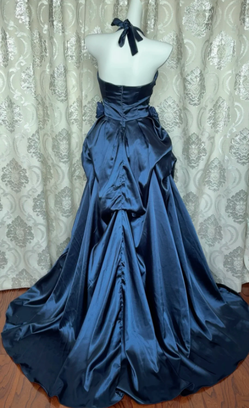 Vintage Navy Blue Strapless Satin Long Ball Gown Evening Dress P4109