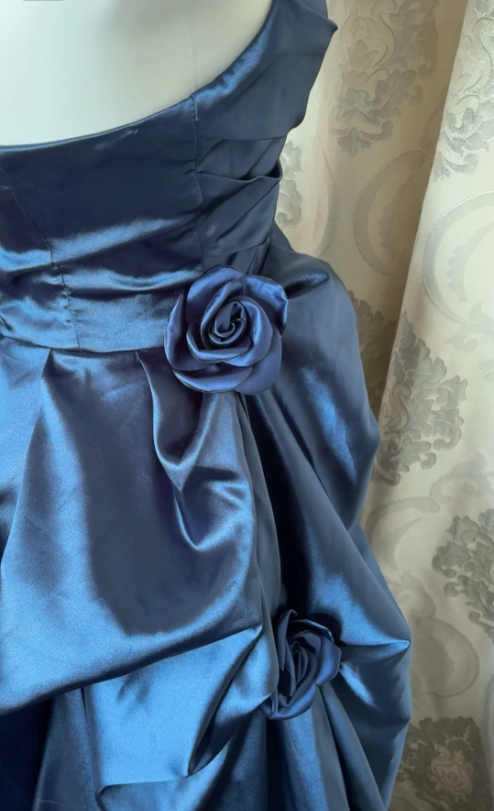 Vintage Navy Blue Strapless Satin Long Ball Gown Evening Dress P4109