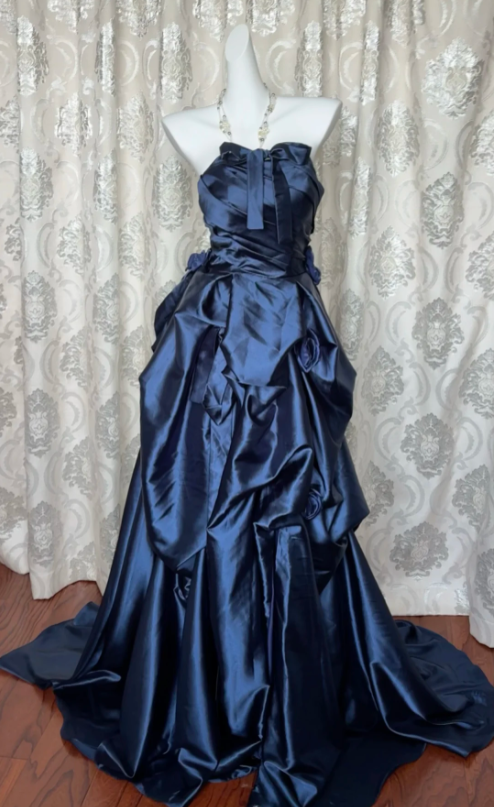 Vintage Navy Blue Strapless Satin Long Ball Gown Evening Dress P4109