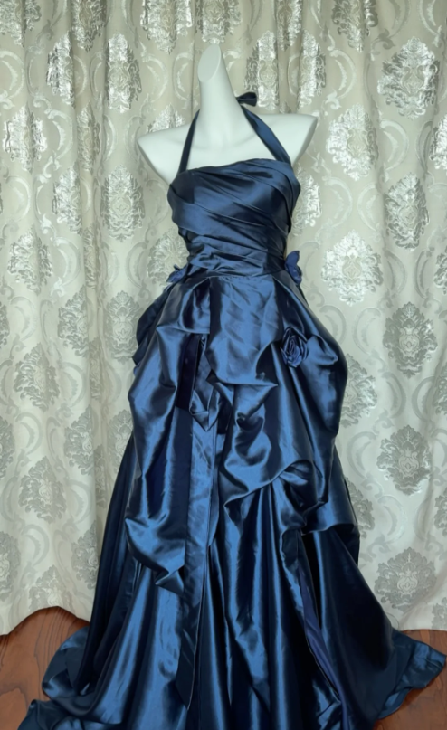 Vintage Navy Blue Strapless Satin Long Ball Gown Evening Dress P4109