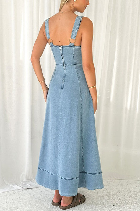 Denim Square-Neck Button-Front A-Line Maxi Dress