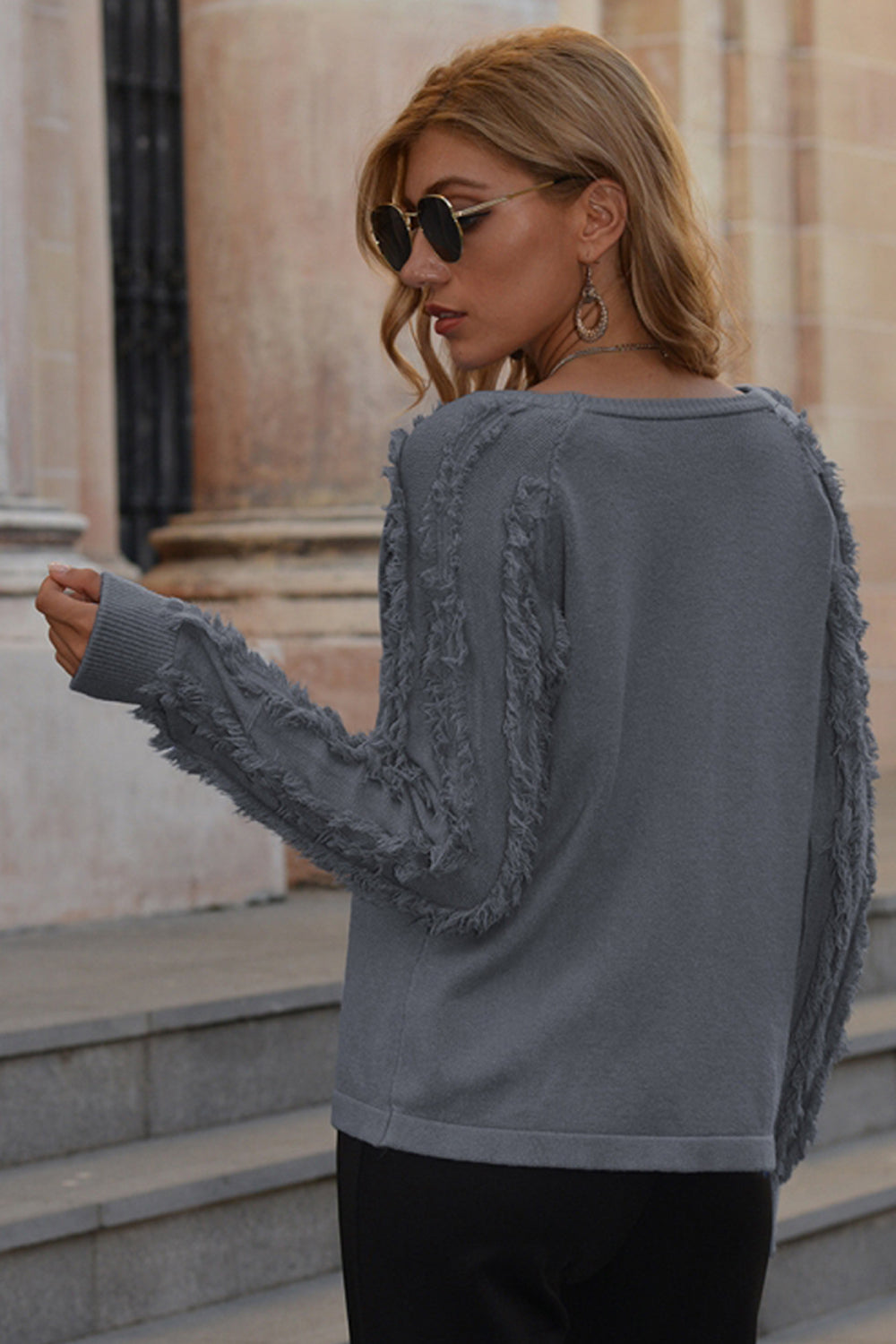 RadyRin Fringed Round Neck Sweater for Effortless Style