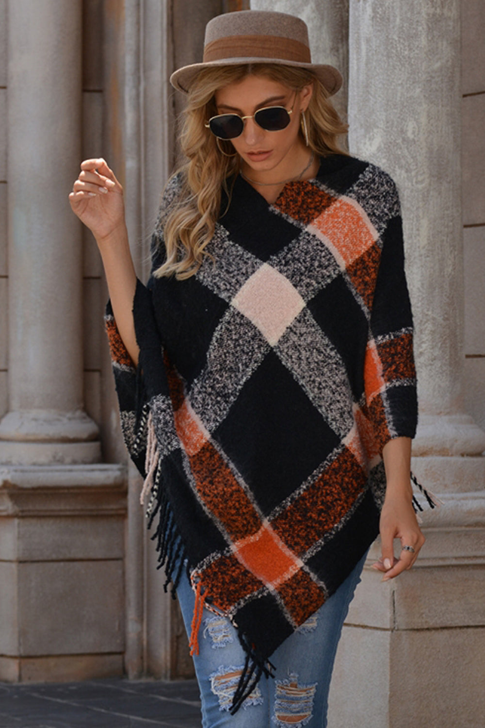 RadyRin V-neck Irregular Tassel Sleeveless Sweater Cloak