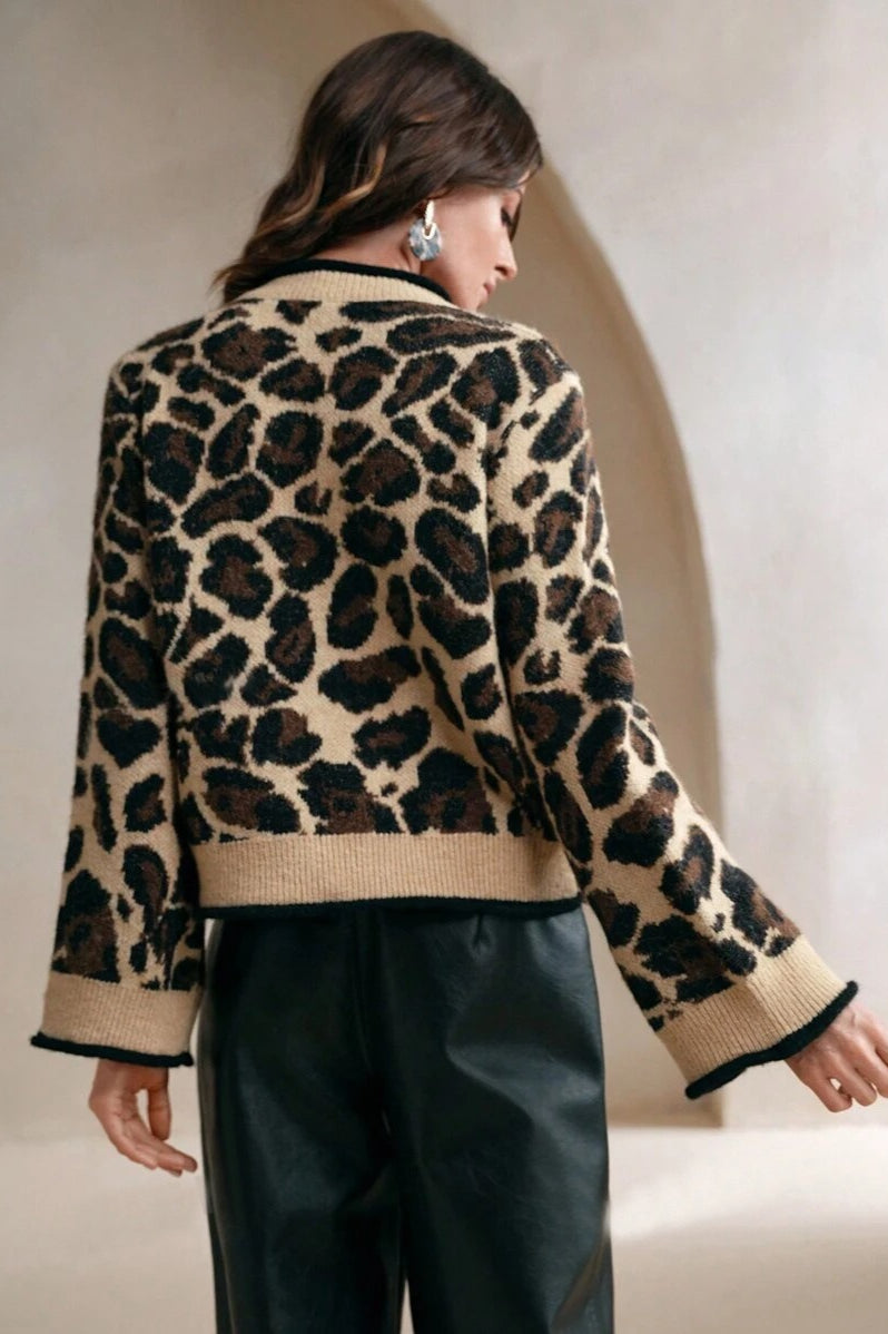 Leopard Print Tie-Front Knit Sweater for Effortless Style